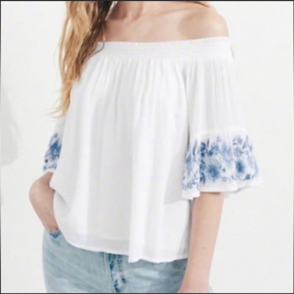 Hollister Blue Floral Embroidered Off The Shoulder Top